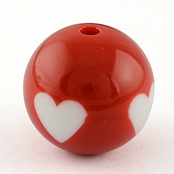 Red Chunky Bubblegum Acrylic Beads, Round with Heart Pattern, Red, 19mm, Hole: 3mm, 117pcs/500g