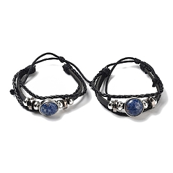 (306FM) Жонкиль матовый с лаймовой подкладкой Многониточные браслеты из натуральной натуральной синей пятнистой яшмы, регулируемые браслеты из плетеного шнура из искусственной кожи для унисекс, внутренний диаметр: 2-3/8~2-7/8 дюйм (5.9~7.3 см)