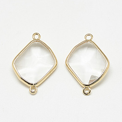 Clear Glass Links connectors, with Golden Tone Brass Findings, Faceted, Rhombus, Clear, 27.5x19x6mm, Hole: 1.5mm