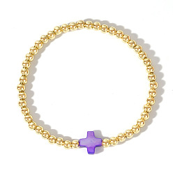 Лиловый Латунные круглые бусины эластичные браслеты, Окрашенные натуральные ракушки, крестики-украшения для женщин, золотые, сирень, 6.89 дюйм (17.5 см)