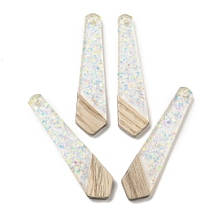 Прозрачный АВ Деревянные подвески, смола и золотая фольга, многоугольник, ясно AB, 49x12x4 мм, отверстие : 2 мм