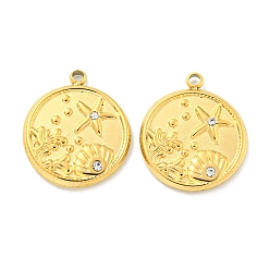 Настоящее золото 18K Вакуумное покрытие pvd 304 подвески из нержавеющей стали, с кристально горный хрусталь, плоский круглый с подвесками в виде ракушек и морских звезд, реальный 18 k позолоченный, 17x14.5x2 мм, отверстие : 1.4 мм