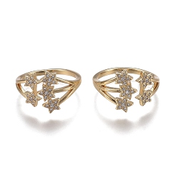 Real 18K Gold Plated Adjustable Brass Micro Pave Clear Cubic Zirconia Cuff Rings, Open Rings, Long-Lasting Plated, Star, Real 18K Gold Plated, 1.8mm, Inner Diameter: 16.6mm
