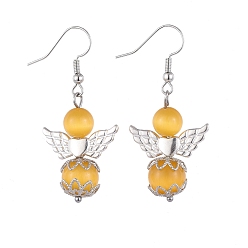 Золотистый Глаза кота болтаться серьги, с посеребренными бусинами из сплава, латунные колпачки и латунные крючки для сережек, ангел, золотые, 45 мм , штифт: 0.6 мм