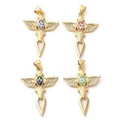 Mixed Color Cross with Wing Brass Micro Pave Clear Cubic Zirconia Pendants, with Shell & Enamel, Long-Lasting Plated, Lead Free & Cadmium Free, Real 18K Gold Plated, Mixed Color, 33x23x3mm, Hole: 5x4mm