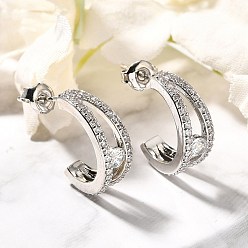 Платина Серьги-гвоздики из латуни в форме буквы С с микропаве из прозрачных кубических цирконий, стойки покрытие, долговечный, без кадмия и без свинца, платина, 15.5x6 мм