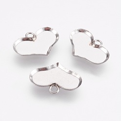 Stainless Steel Color Tarnish Resistant 304 Stainless Steel Pendant Cabochon Settings, Plain Edge Bezel Cups, Heart, Stainless Steel Color, Tray: 10x14mm, 11x15x1mm, Hole: 1.6mm