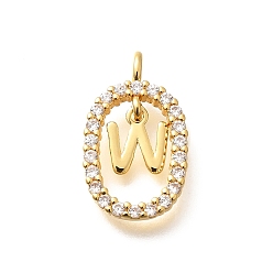 Letter W Латунные микро проложить кубического циркония подвески, без кадмия, без никеля и без свинца, реальный 18 k позолоченный, овал с подвесками в виде букв, Буква W, 18.5x11x3.5 мм, отверстие : 2x1.5 мм