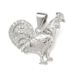 Платина Латунные микропаве прозрачные подвески с фианитом, талисманы петуха, долговечный, стойки покрытие, без свинца и без кадмия, платина, 18x19x3.4 мм, отверстие : 4.5x4 мм