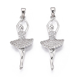 Платина Латунные микро проложить кубического циркония подвески, без кадмия и без свинца, балерина, платина, 32.5~33x13x3.5 мм, отверстие : 2.5~3x4~4.5 мм