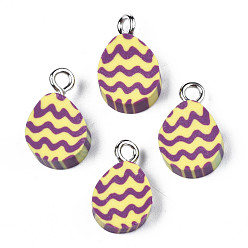 Yellow Handmade Polymer Clay Charms, with Platinum Tone Iron Loop, Easter Egg, Yellow, 14~15x9x4~5mm, Hole: 2mm