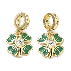 Настоящее золото 18K Подвеска-шарм в европейском стиле ко Дню Святого Патрика из латуни с прозрачными кубическими циркониями., с зеленой эмалью, подвески с большим отверстием в виде клевера, долговечный, стойки покрытие, без свинца и без кадмия, реальный 18 k позолоченный, 20.5 мм, отверстие : 4.5 мм