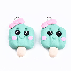 Turquoise Handmade Polymer Clay Charms, with Platinum Tone Iron Findings, Ice Cream, Turquoise, 32~33.5x19~20x7mm, Hole: 2mm