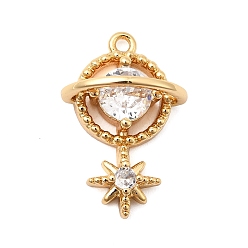 Настоящее золото 18K Латунные микропаве прозрачные подвески с фианитом, очарование планеты, без никеля , реальный 18 k позолоченный, 21.5x14.5x8 мм, отверстие : 1.4 мм
