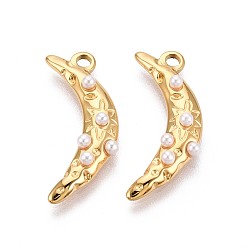 Настоящее золото 18K 304 подвески в форме луны из нержавеющей стали и искусственного жемчуга ABS, ионное покрытие (ip), реальный 18 k позолоченный, 25x10.5x4 мм, отверстие : 2 мм