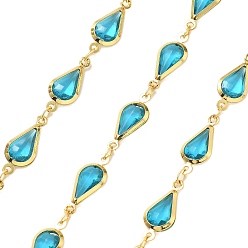 Темно-Голубой Латунные стеклянные каплевидные звенья цепи, с катушкой, долговечный, пайки, без свинца и без кадмия, стойки покрытие, реальный 18 k позолоченный, глубокое синее небо, 16.5x7x2.5 мм