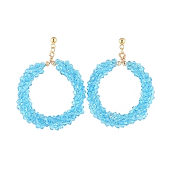 Bleu Ciel Clair Boucles d'oreille, avec des perles de verre à facettes, Boucles d'oreilles 304 en acier inoxydable plaqué or, perles en laiton et écrous d'oreille, lumière bleu ciel, 54mm, pin: 0.7 mm