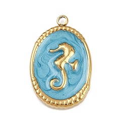 Темно-Голубой 304 нержавеющей стальной эмали подвески, ионное покрытие (ip), золотые, овал с морским коньком, глубокое синее небо, 23.5x15x3.5 мм, отверстие : 1.8 мм