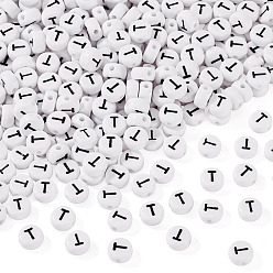Letter T 500шт акриловые бусины, с горизонтальным отверстием, буквы, плоско-круглые, Письмо T, 7x4 мм, отверстие : 1 мм