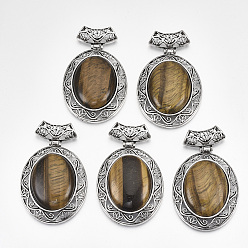 Tiger Eye Natural Tiger Eye Big Pendants, with Alloy Findings, Oval, Antique Silver, 60x46x15mm, Hole: 8x5mm