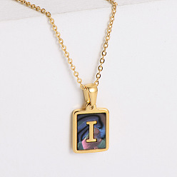 Letter I 304 ожерелья с прямоугольной подвеской из натуральной ракушки пауа из нержавеющей стали для женщин, реальный 18 k позолоченный, Буква "i", 17.72 дюйм (45 см)