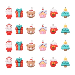 (52) Непрозрачная лаванда 24шт 6 стили рождественские подвески из непрозрачной смолы, с платиновыми тоновыми железными петлями, дом, дед мороз и новогодняя елка, разнообразные, разноцветные, 24~32x17~22x6~8.5 мм, отверстие : 2x2.1~2.7 мм, 4 шт / стиль