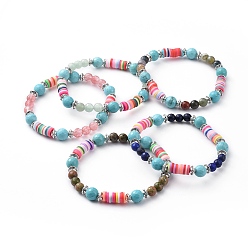 Mixed Stone Stretch Bracelets, with Natural & Synthetic Gemstone Beads, Polymer Clay Heishi Beads and Alloy Spacer Beads, 2-1/8 inch(5.4cm)