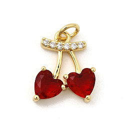 Настоящее золото 18K Латунные микро проложить кубического циркония подвески, без кадмия, без никеля и без свинца, черри прелести, со стеклом, Кольца прыжок, реальный 18 k позолоченный, 15x12x4 мм, отверстие : 3.2 мм