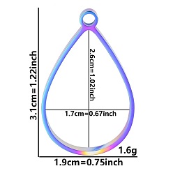 Teardrop Подвески с открытой задней панелью из нержавеющей стали, для diy уф смолы, эпоксидная смола, Прессованные цветочные украшения, Радуга цветов, слеза, 31x19x3 мм, отверстие : 2.2 мм