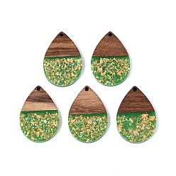 Зеленый лайм Подвески из непрозрачной смолы и орехового дерева, слезинки, с блестящей пудрой и золотой фольгой, зеленый лайм, 36x24.5x3~3.5 мм, отверстие : 2 мм