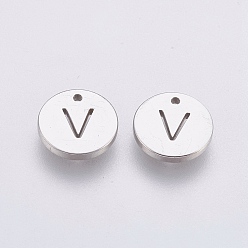 Letter V Не тускнеющие 304 подвески из нержавеющей стали, плоские круглые с буквы, цвет нержавеющей стали, letter.v, 10x1 мм, отверстие : 1 мм