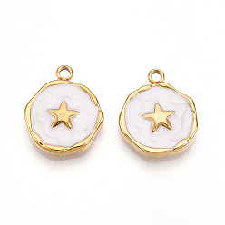 Белый 304 подвески из нержавеющей стали, с эмалью, плоский круглый со звездными подвесками, ионное покрытие (ip), реальный 18 k позолоченный, белые, 16x12.5x2.5 мм, отверстие : 1.6~1.8 мм