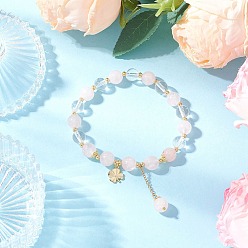 Розовый Кварц Браслеты из круглых бусин из натурального кварца и розового кварца, Браслеты с подвесками из латуни с клевером для женщин для женщин, внутренний диаметр: 2-1/4 дюйм (5.7 см)