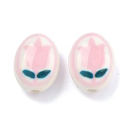 Pink Печатные ручной фарфоровые бусы, овал с тюльпаном, розовые, 16x12x8 мм, отверстие : 2 мм