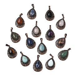 Смешанные камни Подвески-капли из смешанных натуральных и синтетических драгоценных камней, с винтажной латунной рамкой красного медного оттенка, смешанные окрашенные и неокрашенные, 34.5x23.5x7.5 мм, отверстие : 8x5 мм