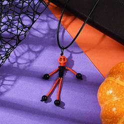Оранжево-Красный Ожерелья с подвесками в виде скелета из стеклянных бусин и натурального черного оникса (окрашенного и нагретого) и окрашенного черепа из синтетической бирюзы на тему Хэллоуина, ожерелье из вощеного хлопкового шнура для женщин и мужчин, платина, оранжево-красный, 17.60 дюйм (44.7 см)