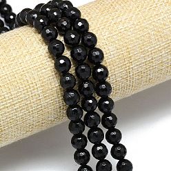 Турмалин Натуральный черный турмалин бисер нитей, граненый (128 граней), круглые, 7.5~8.5 мм, отверстие : 0.8~1.2 мм, около 45~49 шт / нитка, 14.57~15.20'' (38.6 см)