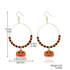 Orange Seed Beads and Alloy Enamel Pendants Dangle Earrings, Halloween Theme, Pumpkin, Golden, Orange, 93x21mm