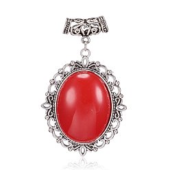 Antique Silver Alloy Glass Big Pendants, with Pattern, Flat Oval, Red, Antique Silver, 60x45x10mm, Hole: 6.5mm