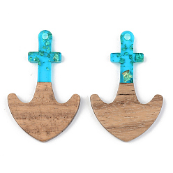 Dark Turquoise Transparent Resin & Walnut Wood Pendants, with Gold Foil, Anchor, Dark Turquoise, 38x24.5x3mm, Hole: 2mm
