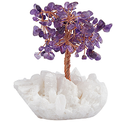 Аметист Натуральные аметистовые чипсы и украшения для пьедестала из агата, целебное каменное дерево, для балансировки чакр исцеляющими кристаллами рейки, с латунной найти, счастливое дерево, золотые, 5~7x9x12~14 см