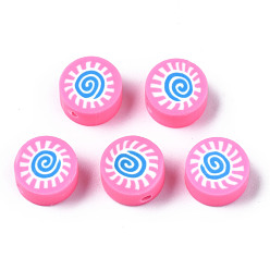 Perle rosa Manuell Polymer Ton Perlen, für DIY Schmuck Bastelbedarf, flach rund mit Sonne, Perle rosa, 9.5x4.5~5 mm, Bohrung: 1.6 mm