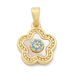 Настоящее золото 18K Подвески из латуни с микропаве из циркония, без кадмия, без никеля и без свинца, с подвесками из ракушек, реальный 18 k позолоченный, 14x12x2.5 мм, отверстие : 5 мм