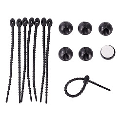 Черный 20органайзер для кабеля из ПВХ-пластика, с 20шт. силиконовые кабельные стяжки овальной формы, держатель для укладки кабелей, зажимы для шнура, чёрные, 20.5x12 мм, отверстие : 6 мм