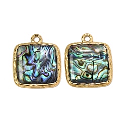 Square 304 Stainless Steel & Natural Paua Shell Pendants, Real 18K Gold Plated, Ion Plating(IP), Long-Lasting Plated, Square Charm, 30x25.5x4mm, Hole: 3mm