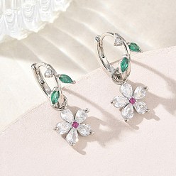 Платина Женские серьги-кольца из латуни с микропаве из кубического циркония в форме цветка., стойки покрытие, долговечный, без свинца и без кадмия, платина, 24x10.5 мм