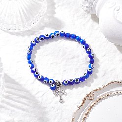 Синий Пересечь 304 браслеты из нержавеющей стали очарование, Браслеты ручной работы из бисера и бусин от сглаза для мужчин и женщин, цвет нержавеющей стали, синие, внутренний диаметр: 2-1/4 дюйм (5.85 см)