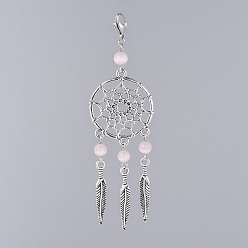 Pink Alloy Big Pendants, with Cat Eye Beads and 304 Stainless Steel Lobster Claw Clasps, Woven Net/Web with Feather, Pink, 95mm