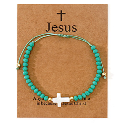 Темно-бирюзовый Стеклянные бусины плетеные браслеты из бисера для женщин, крестик, с натуральной оболочкой и бумажной карточкой, темные бирюзовый, внутренний диаметр: 11 дюйм (28 см)