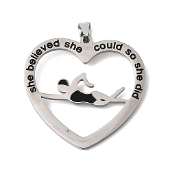 Нержавеющая Сталь Цвет 304 нержавеющей стальной эмали подвески, сердце с подвесками-пловцами, без свинца, без кадмии и без никеля, цвет нержавеющей стали, 28x29x1 мм, отверстие : 6x3.5 мм